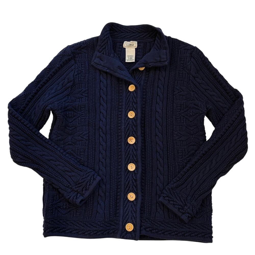 LL Bean Cardigan Sweater Women Sz Small Blue Knit Fishermans Heavyweight Grandma